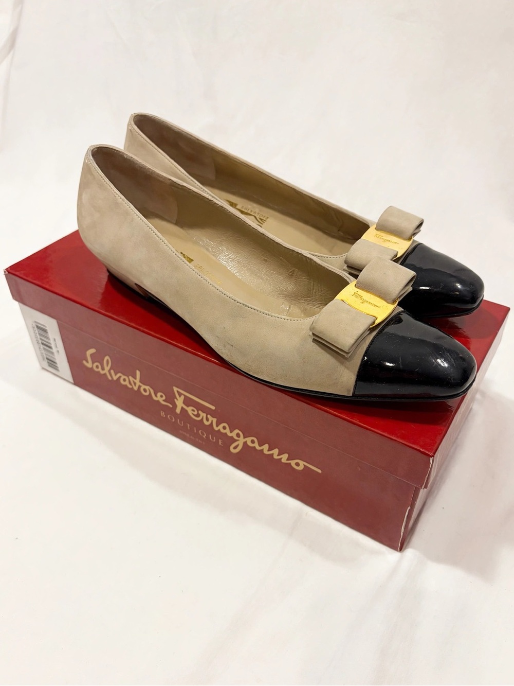Salvatore Ferragamo Beige Suede Flats with Black Patent Cap Toe and Bow AAA